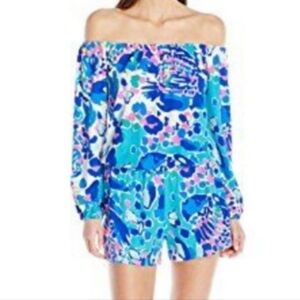 Lilly Pulitzer Lana Romper Off The Shoulder Blue and Pink Size XS